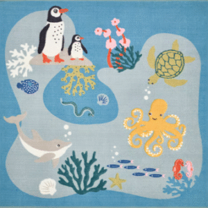 BLÅVINGAD Alfombra, motivo animales marinos/multicolor, 133x133 cm